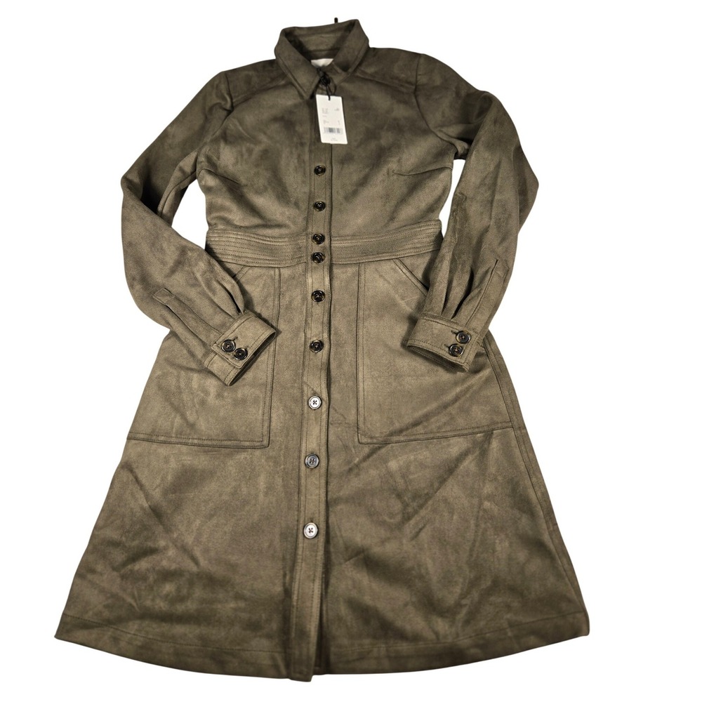 New Olive Green Faux Suede Long Sleeve Button Front Shirt Dress Medium